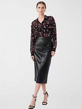 Rebecca Minkoff Black Faux Leather Midi Pencil Skirt